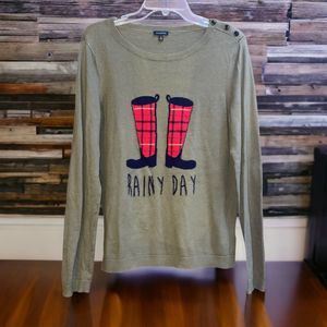 Talbots M Green Rainy Days Rain Boot Elbow Patch Button Pullover Sweater